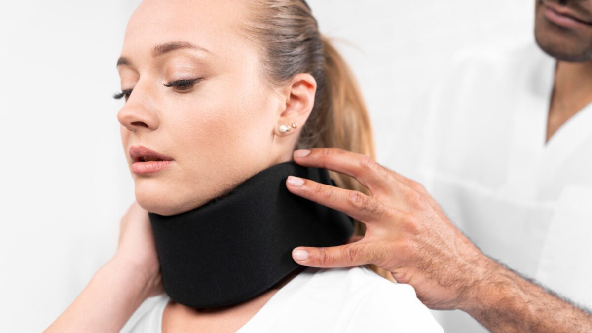 A woman in a neck brace is receiving assistance from a healthcare provider.